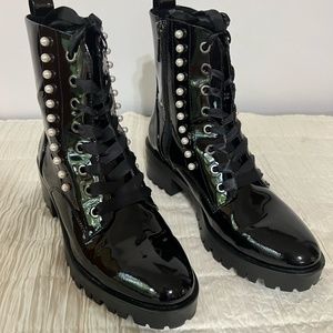 KARL LAGERFELD, PARIS  PRESTON PEARL STUD LUG SOLE COMBAT BOOT BLACK NEW 7/37